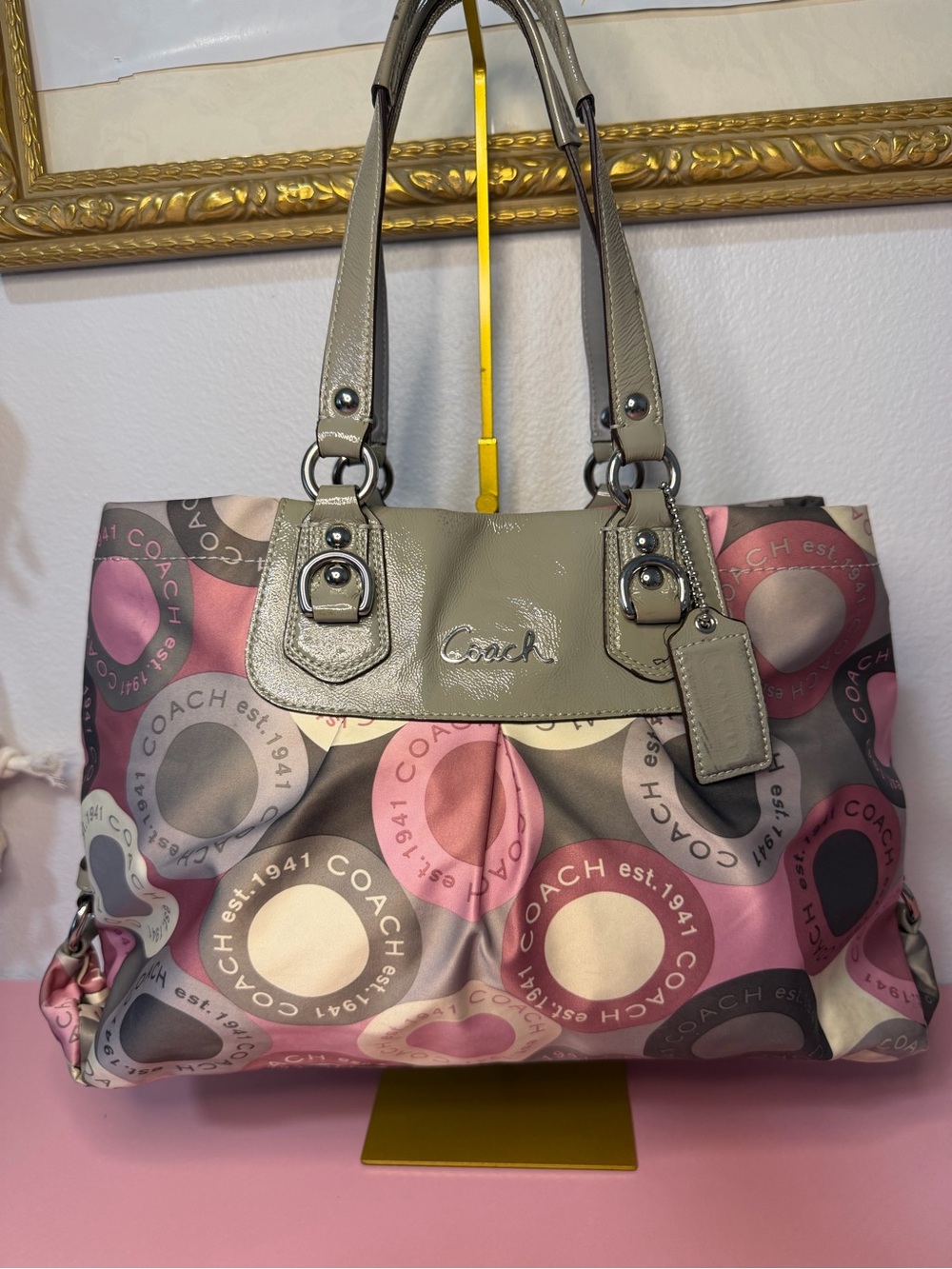 Coach Pink, Taupe & Cream Signature Circle Tote